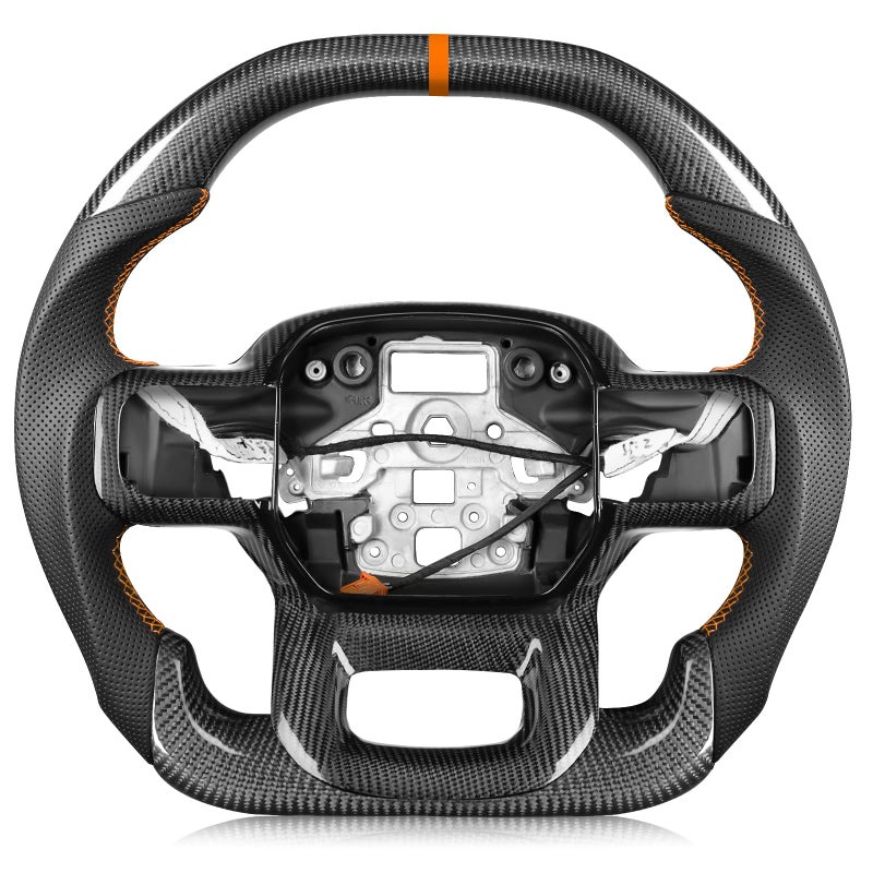 TESFEEL Real Carbon Fiber Steering Wheel Heated for F150 Raptor 20212025 DoubleD FlatTop  Bottom Racing Design Orange Stripe  Stitching Fits for Raptor Models with Paddle Shifters